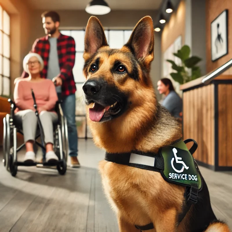 Ein Schäferhund als Behindertenassistent, der ein Geschirr mit einem Schild trägt, das ihn als Diensthund kennzeichnet. Der Hintergrund zeigt eine zugängliche Umgebung mit Menschen und einer Rollstuhlrampe.