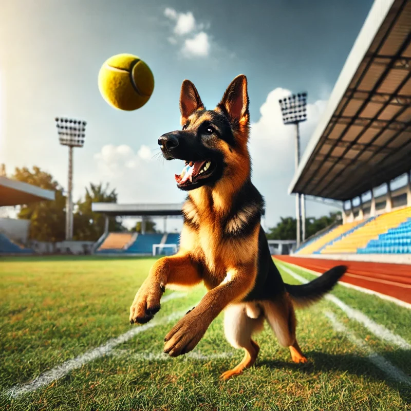 Ein Schäferhund spielt auf einem Sportplatz mit einem Tennisball und fängt den Ball in der Luft. Der Hintergrund zeigt ein gut gepflegtes Spielfeld und einen klaren, blauen Himmel.